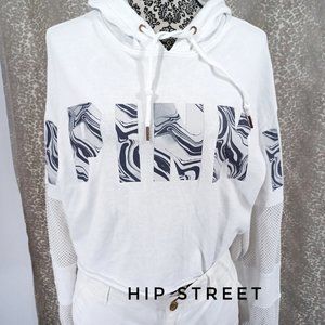 PINK Marble Letter Mesh Sleeve Short Hoodie Sweatshirt S